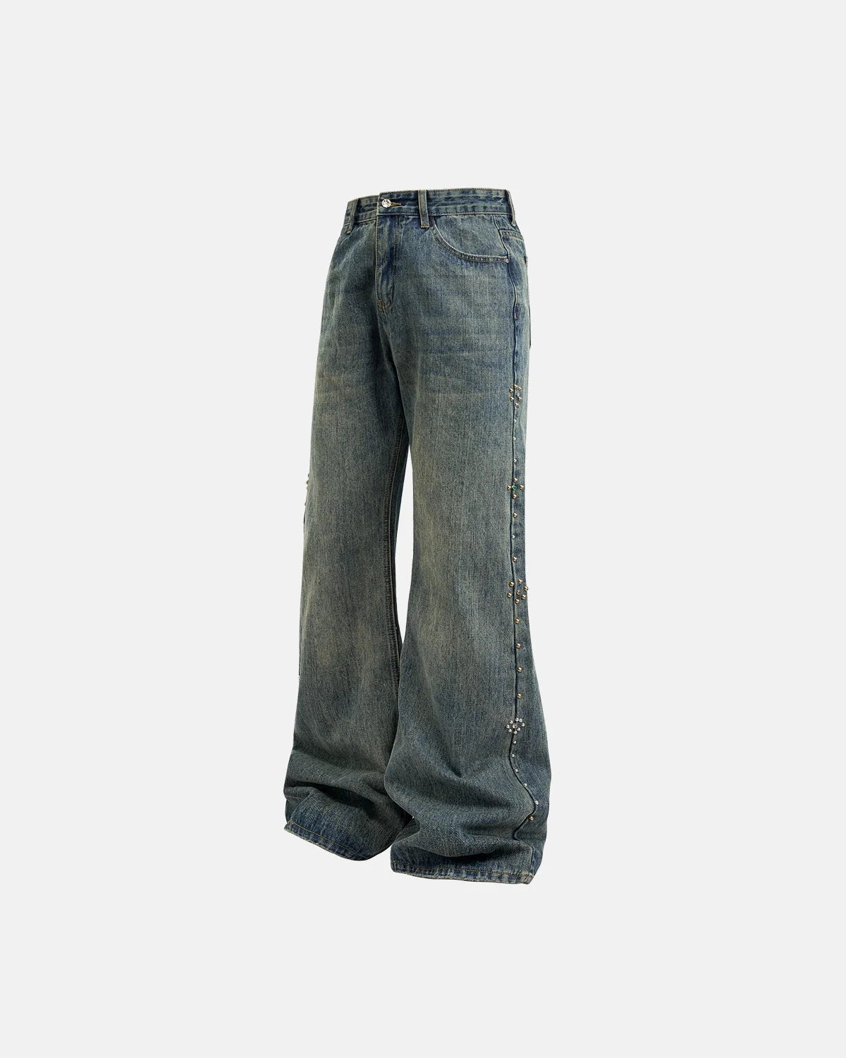 Omygoods Acid Wash Beaded Studded Flared Baggy Jeans