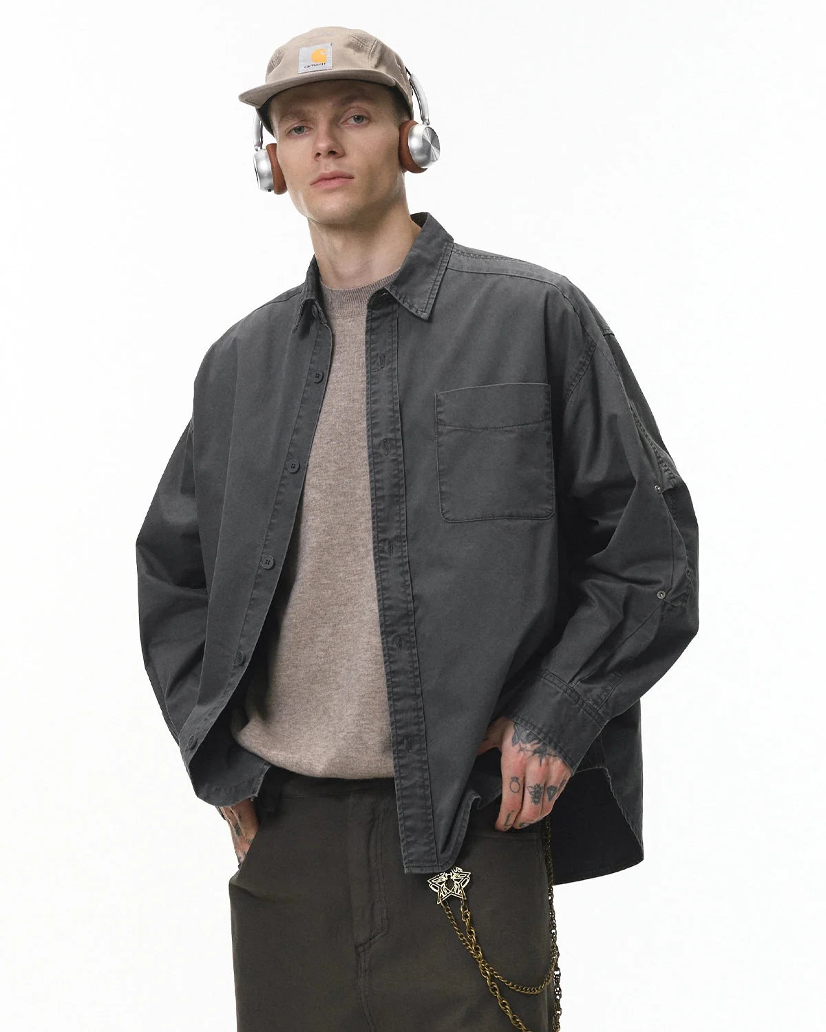 Omygoods Acid Wash Cargo Shirt Jacket