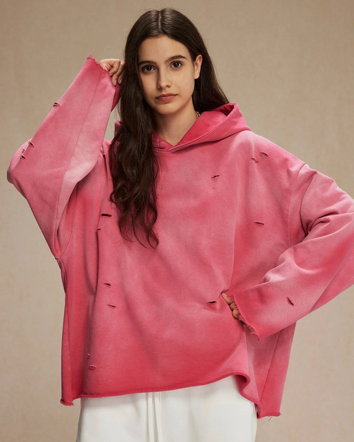 Omygoods Acid Wash Ripped Boxy Hoodie