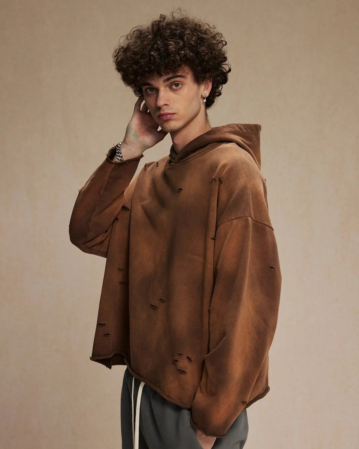 Omygoods Acid Wash Ripped Boxy Hoodie