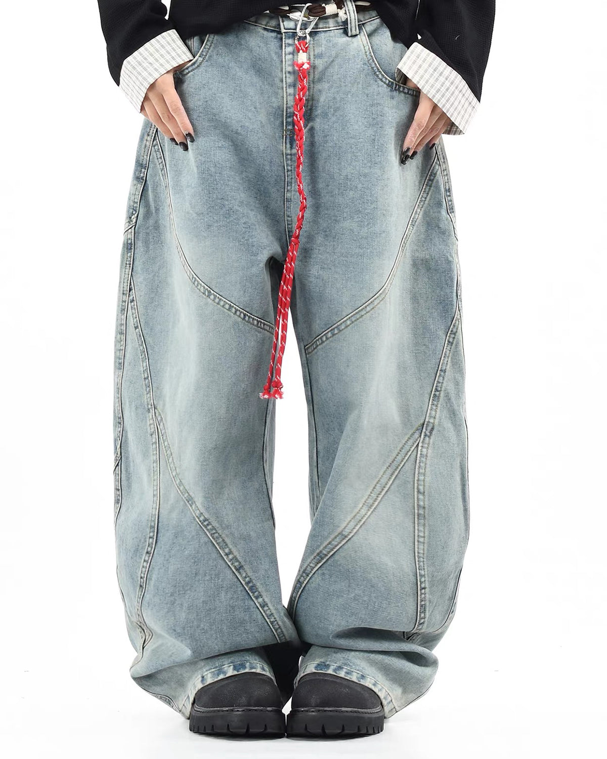Omygoods Acid Wash Stitching Baggy Jeans