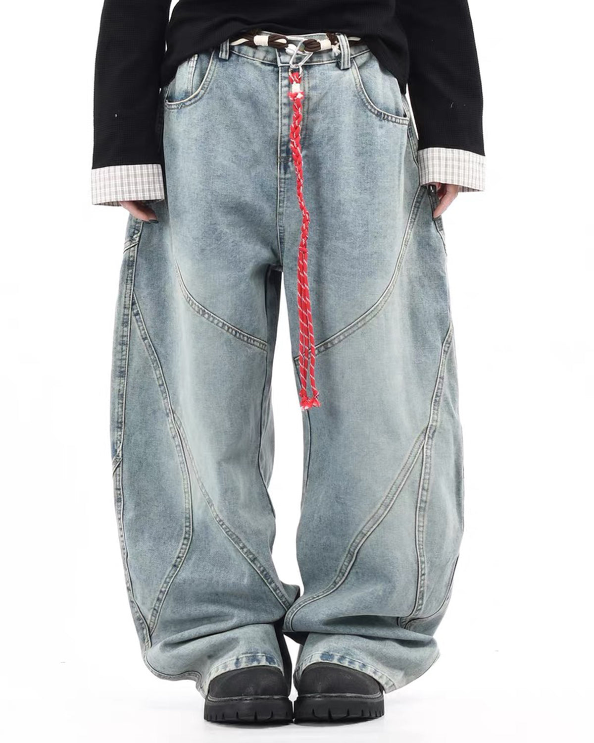 Omygoods Acid Wash Stitching Baggy Jeans