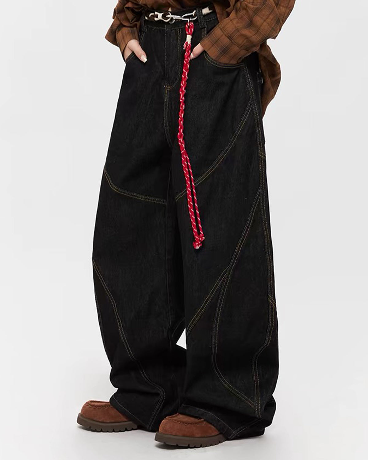 Omygoods Acid Wash Stitching Baggy Jeans