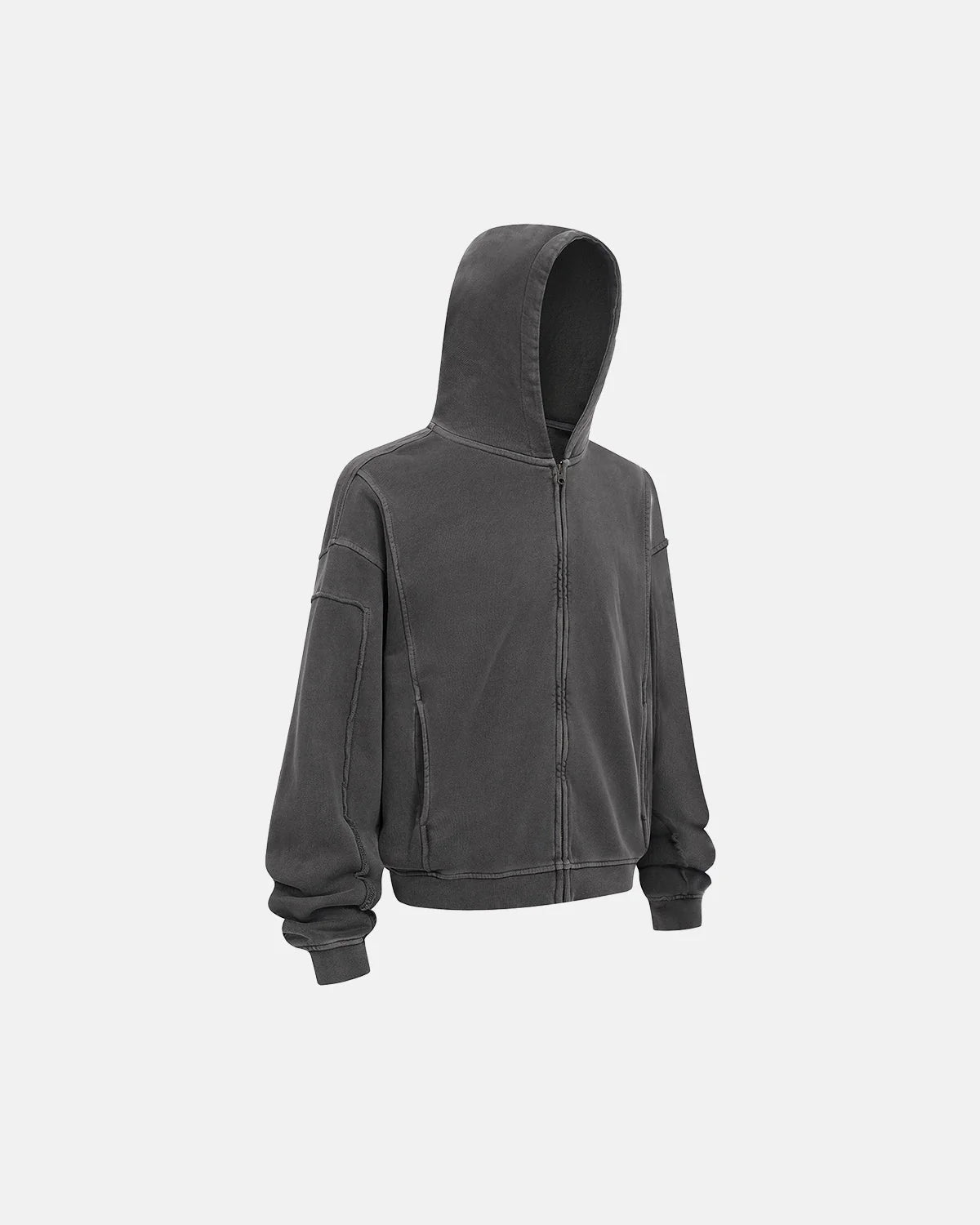 Omygoods Acid Wash Stitching Zip Up Hoodie