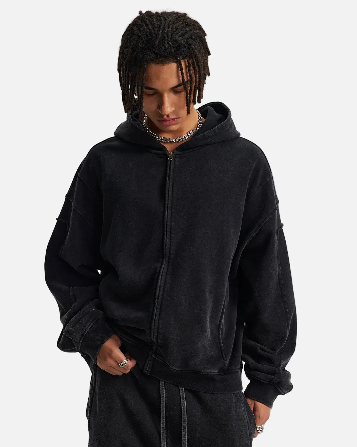 Omygoods Acid Wash Stitching Zip Up Hoodie