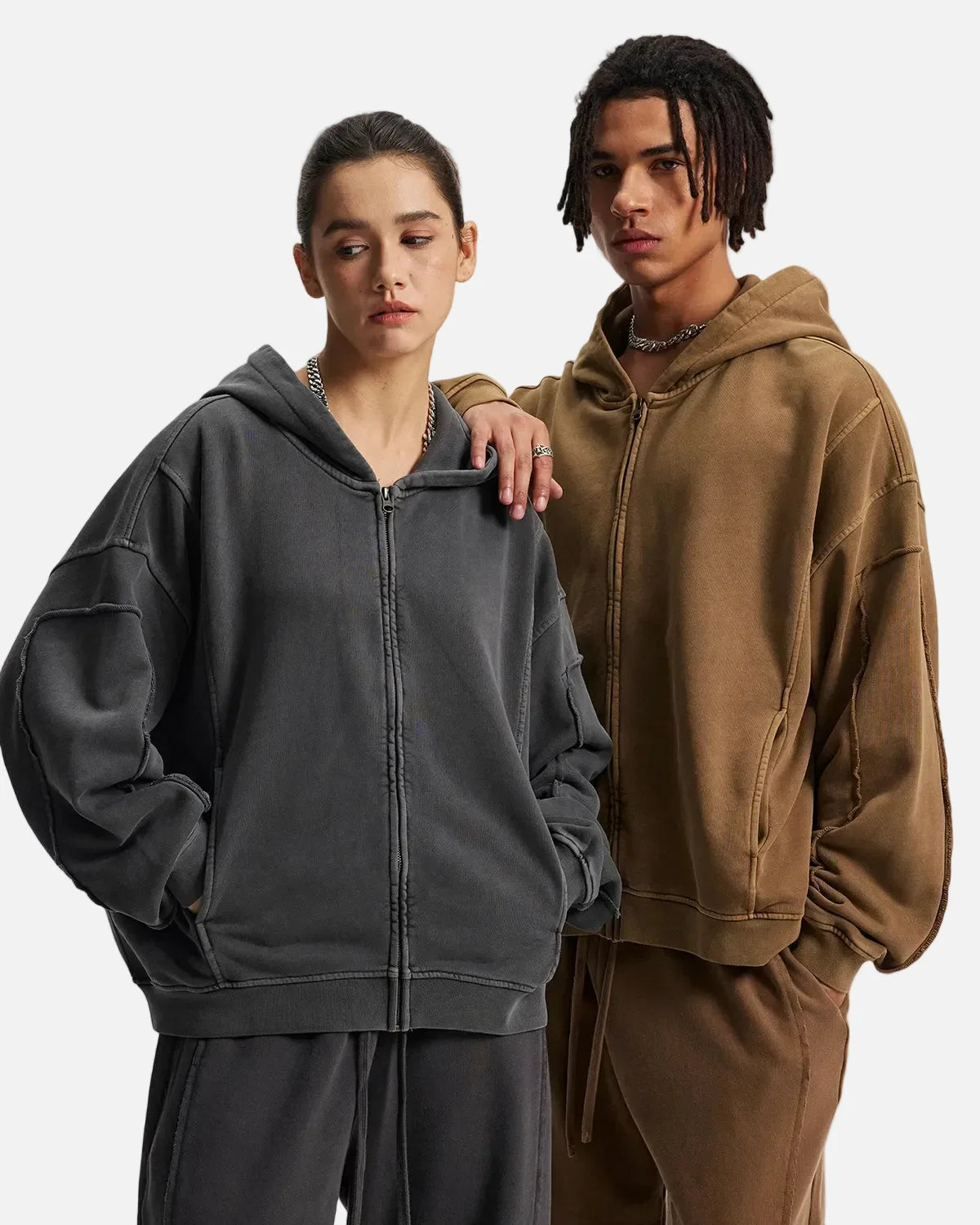 Omygoods Acid Wash Stitching Zip Up Hoodie