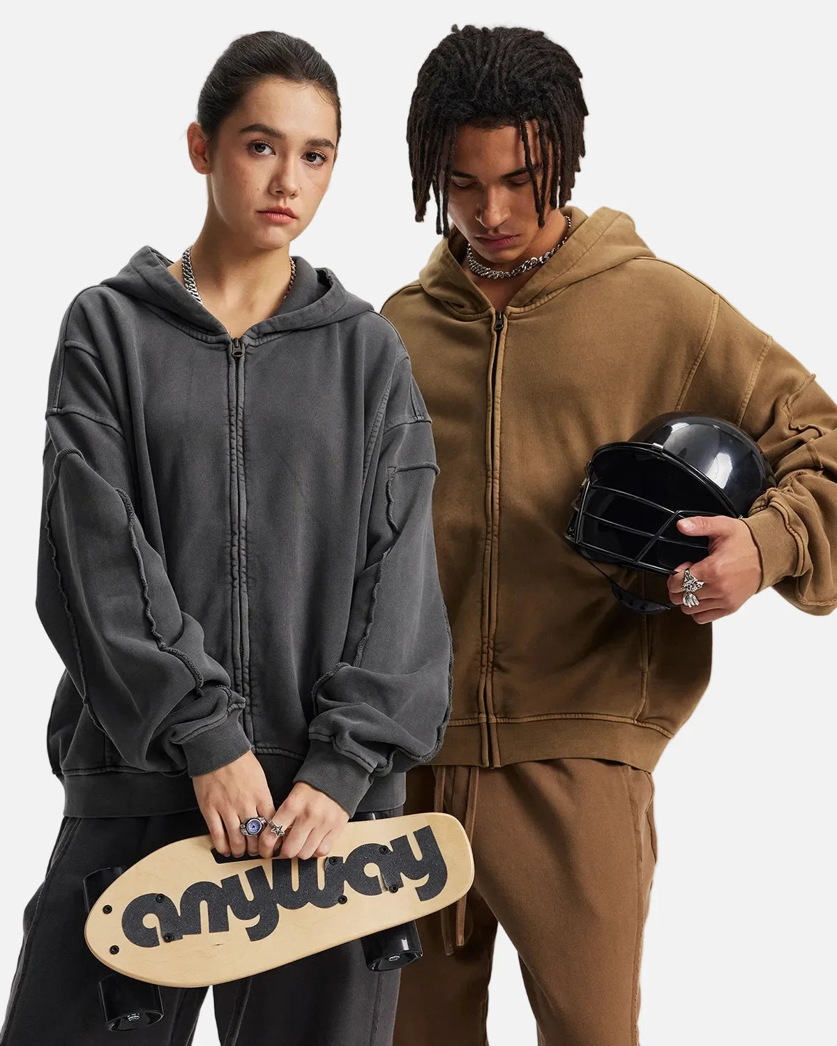 Omygoods Acid Wash Stitching Zip Up Hoodie