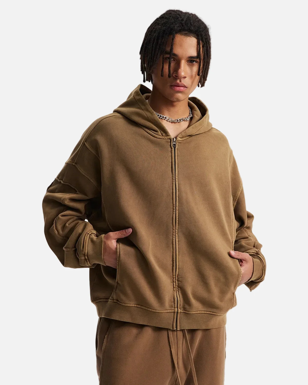 Omygoods Acid Wash Stitching Zip Up Hoodie
