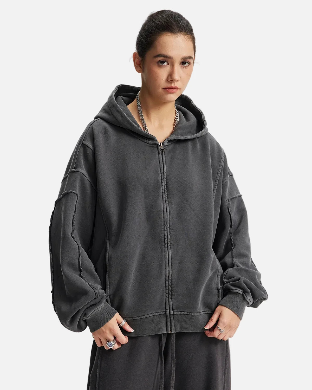 Omygoods Acid Wash Stitching Zip Up Hoodie
