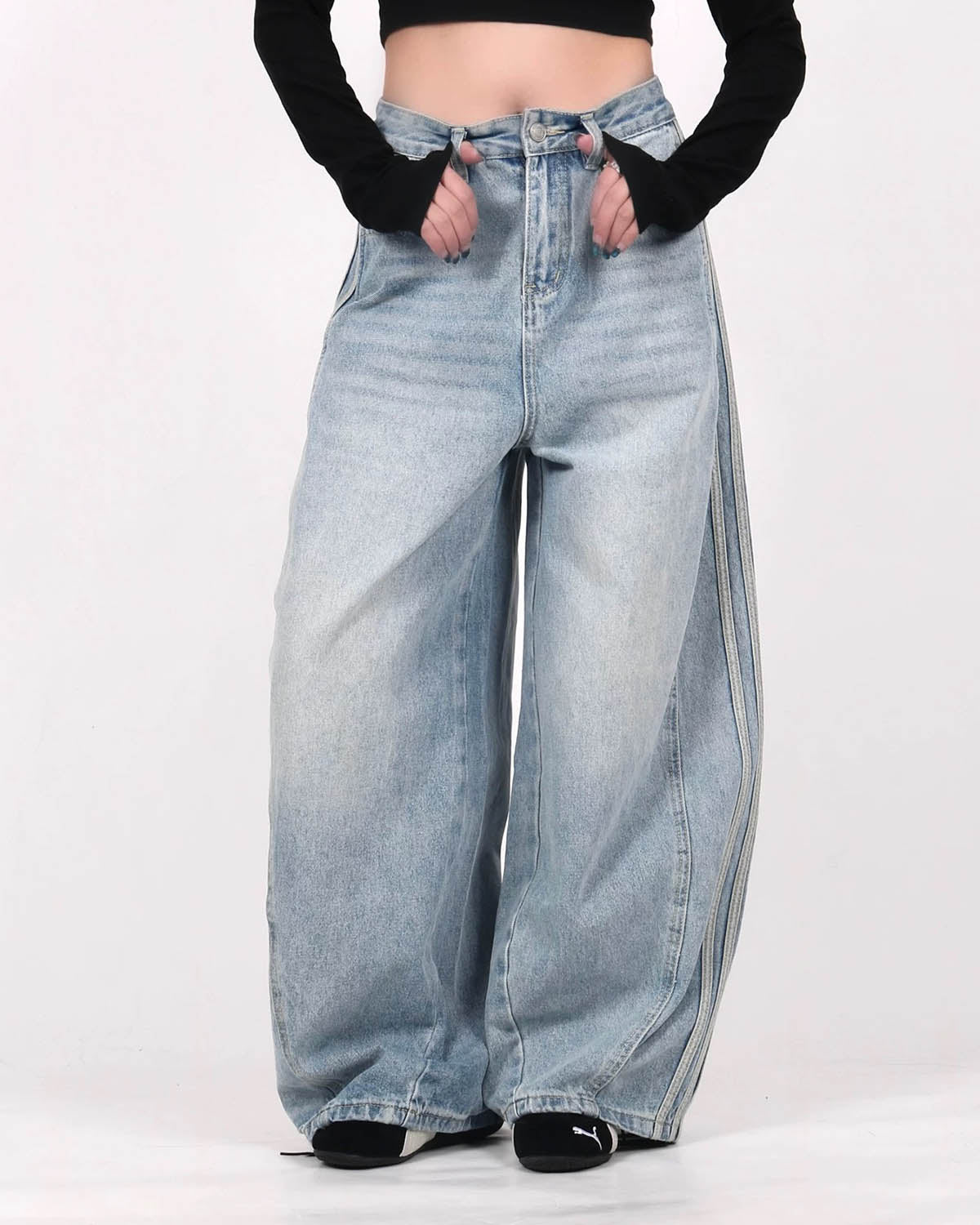 Omygoods Acid Wash Striped Side Baggy Jeans