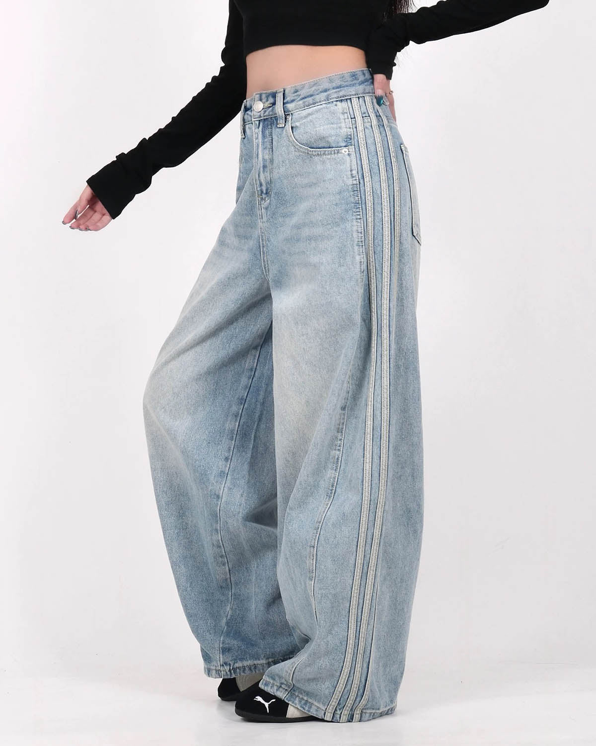 Omygoods Acid Wash Striped Side Baggy Jeans