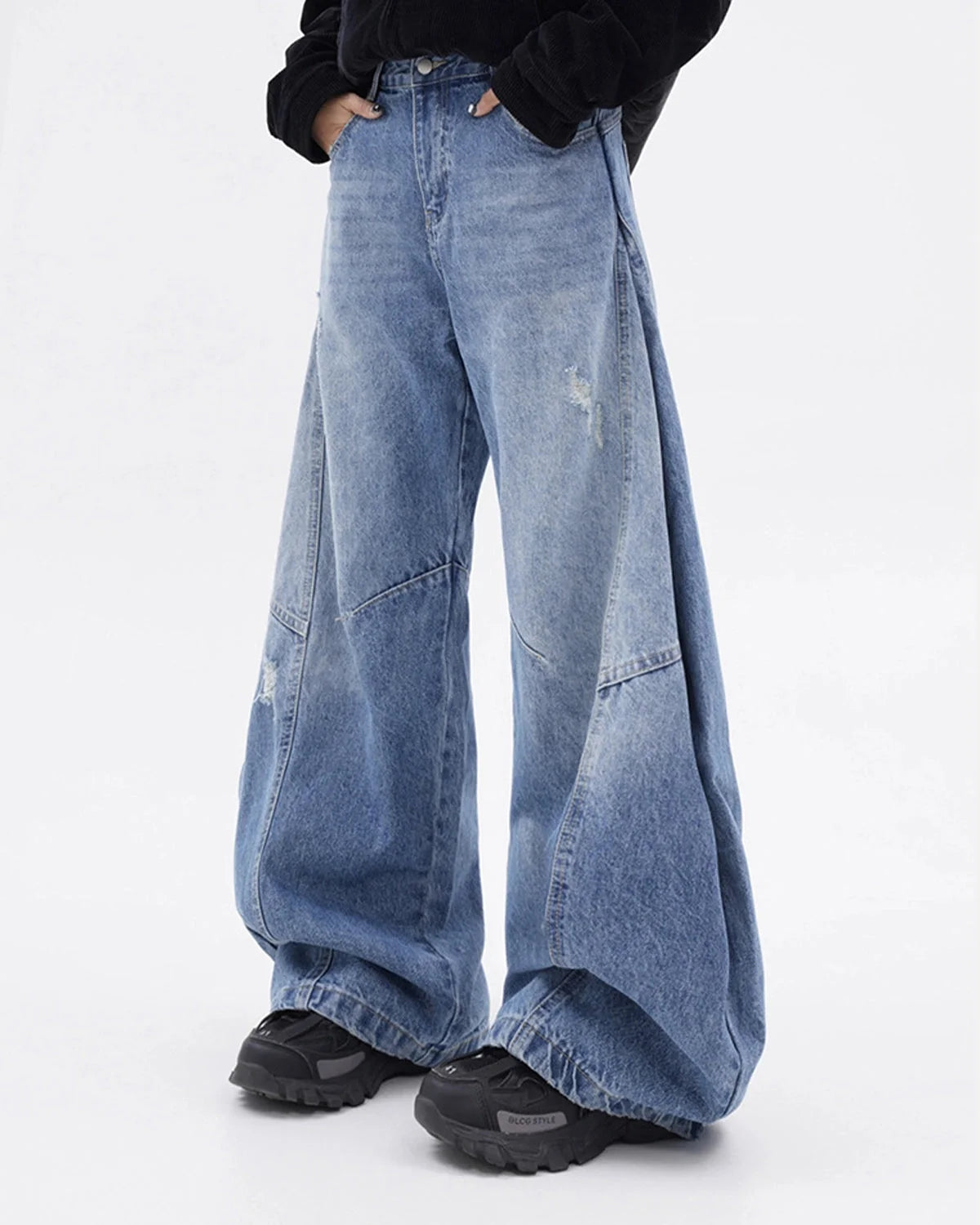 Omygoods Acid Washed Distressed Barrel Jeans