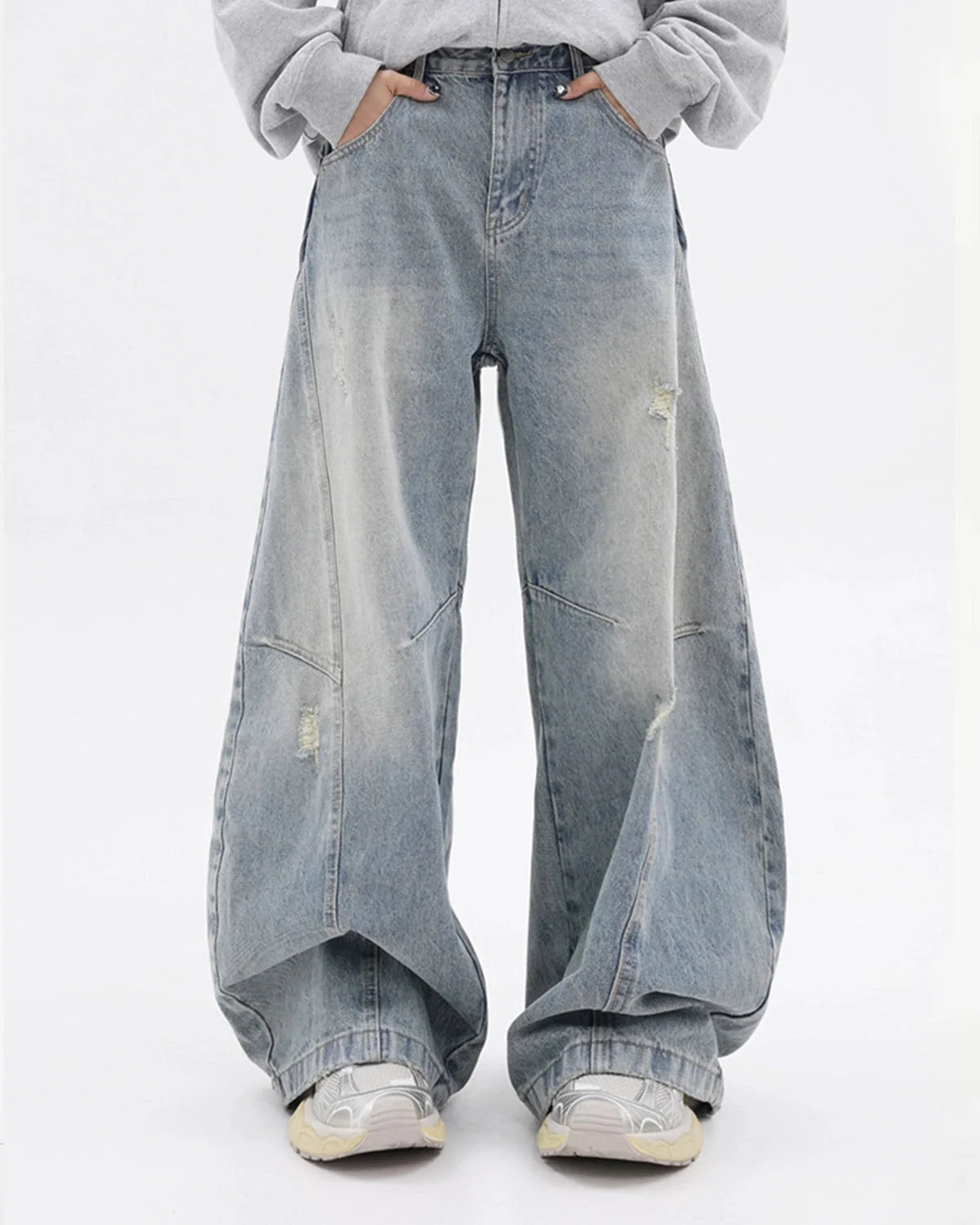 Omygoods Acid Washed Distressed Barrel Jeans