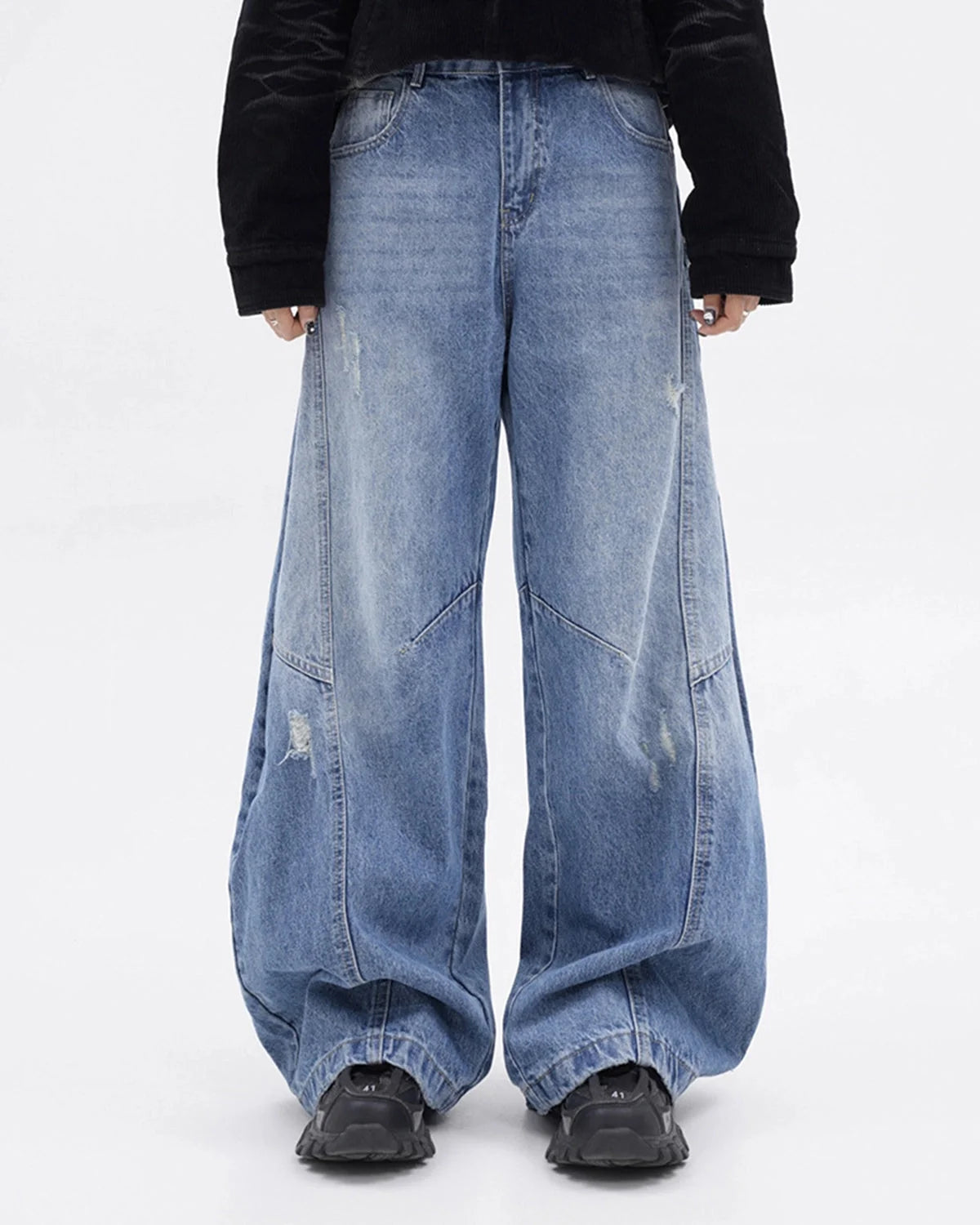 Omygoods Acid Washed Distressed Barrel Jeans