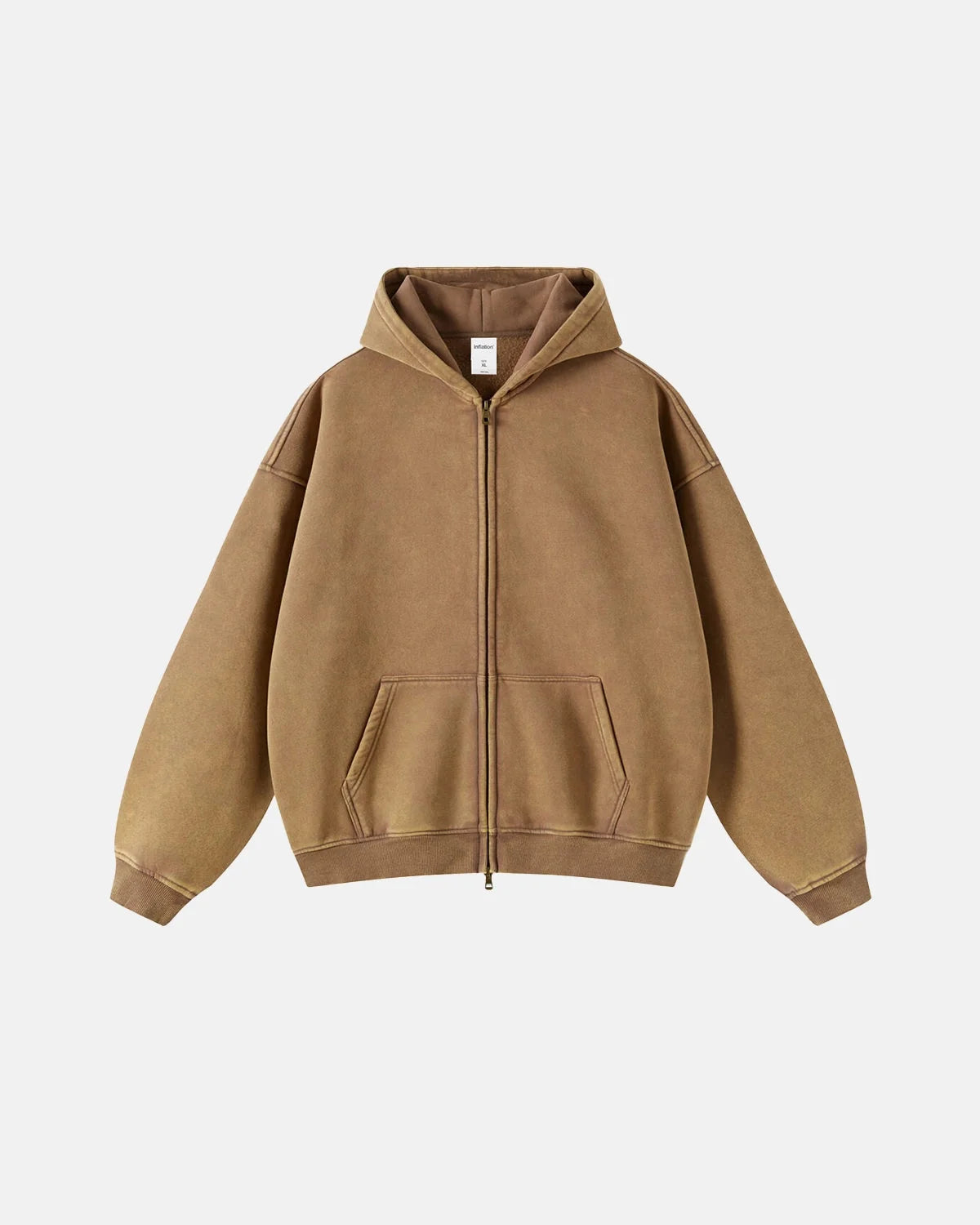 Omygoods Acid Washed Distressed Fleece Zip Up Hoodie