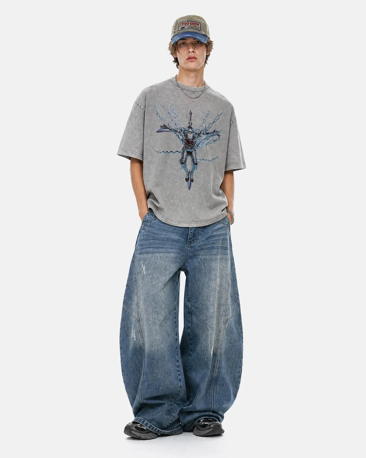 Omygoods Acid Washed Graphic Oversized T-Shirt