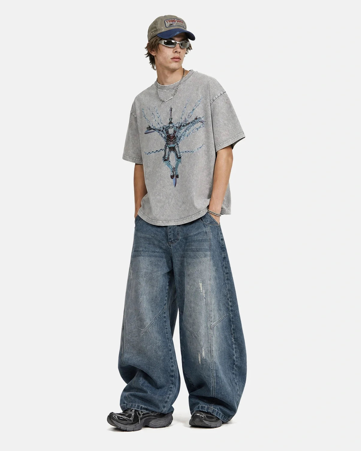Omygoods Acid Washed Graphic Oversized T-Shirt
