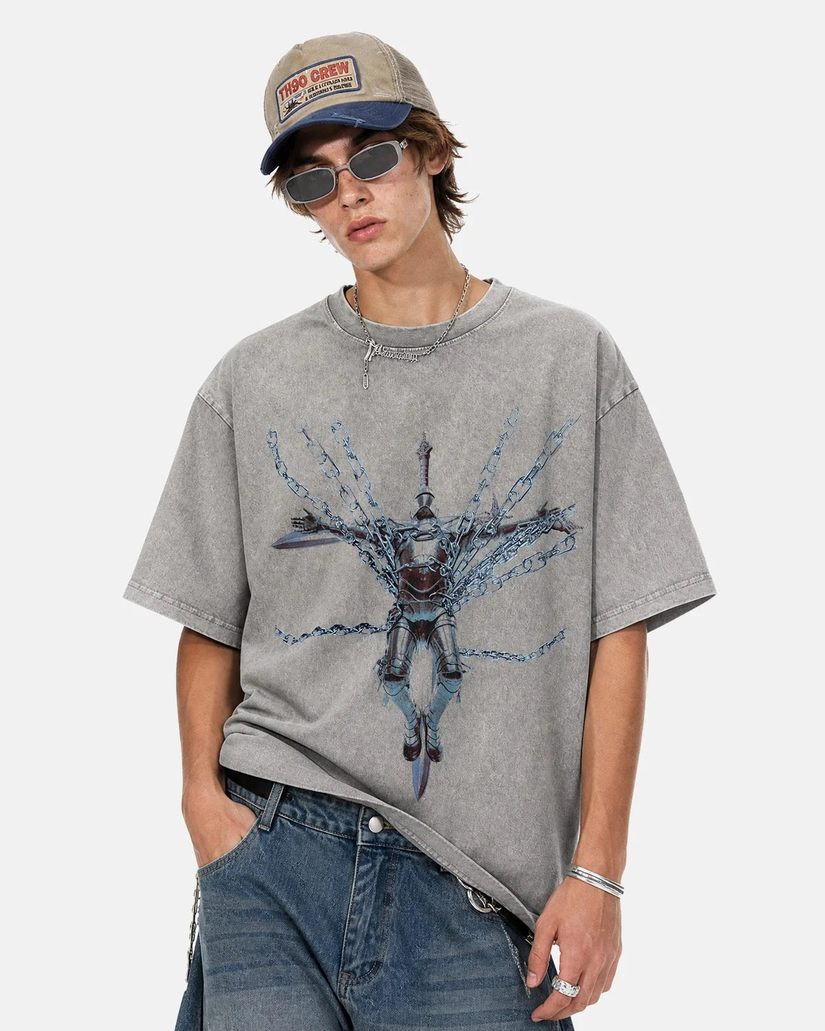 Omygoods Acid Washed Graphic Oversized T-Shirt