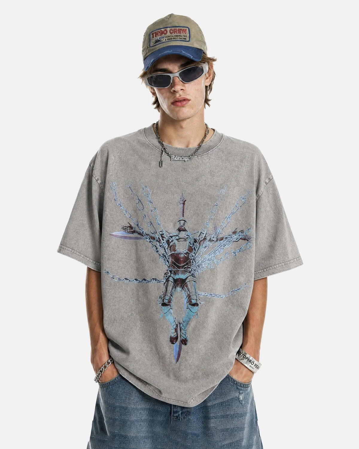 Omygoods Acid Washed Graphic Oversized T-Shirt
