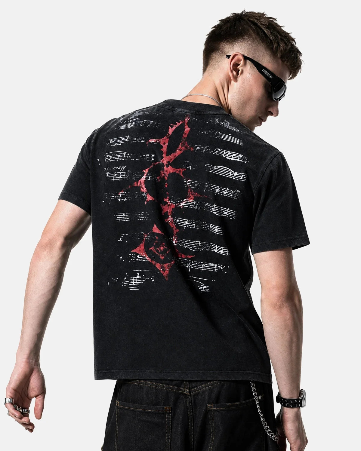 Omygoods Acid Washed Music Graphic T-Shirt
