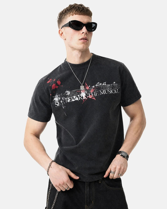 Omygoods Acid Washed Music Graphic T-Shirt