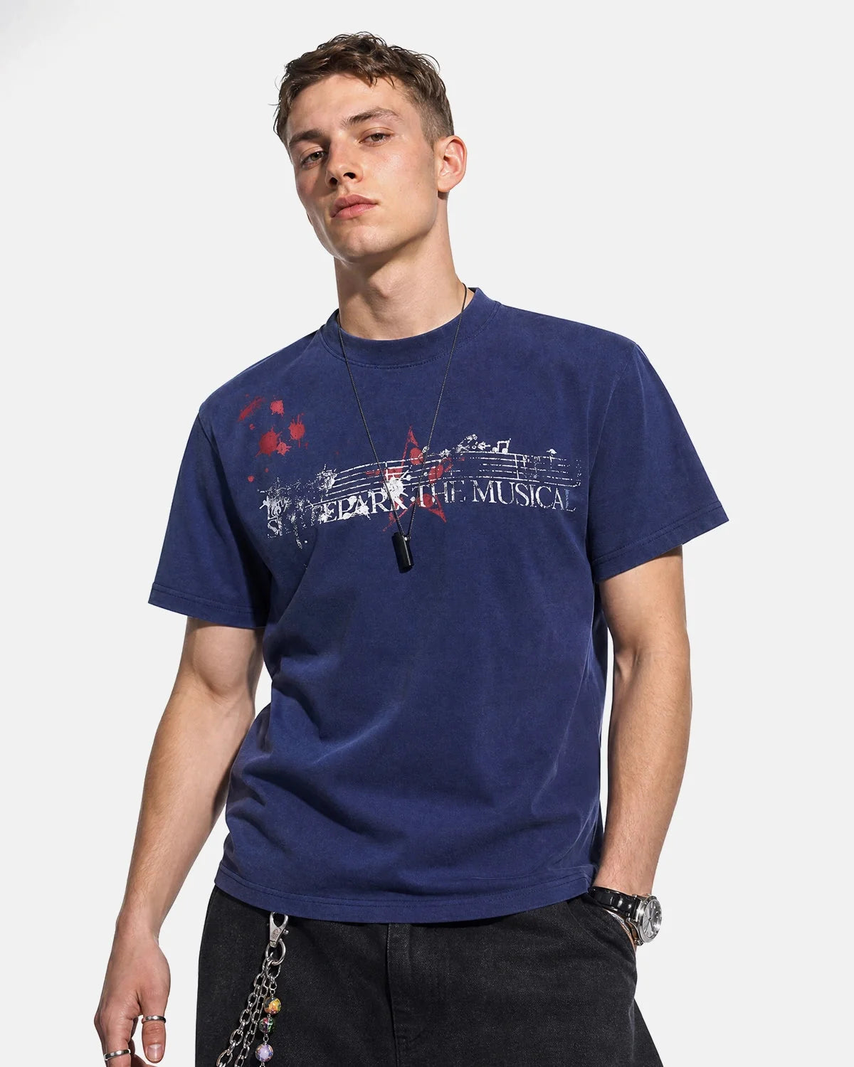 Omygoods Acid Washed Music Graphic T-Shirt