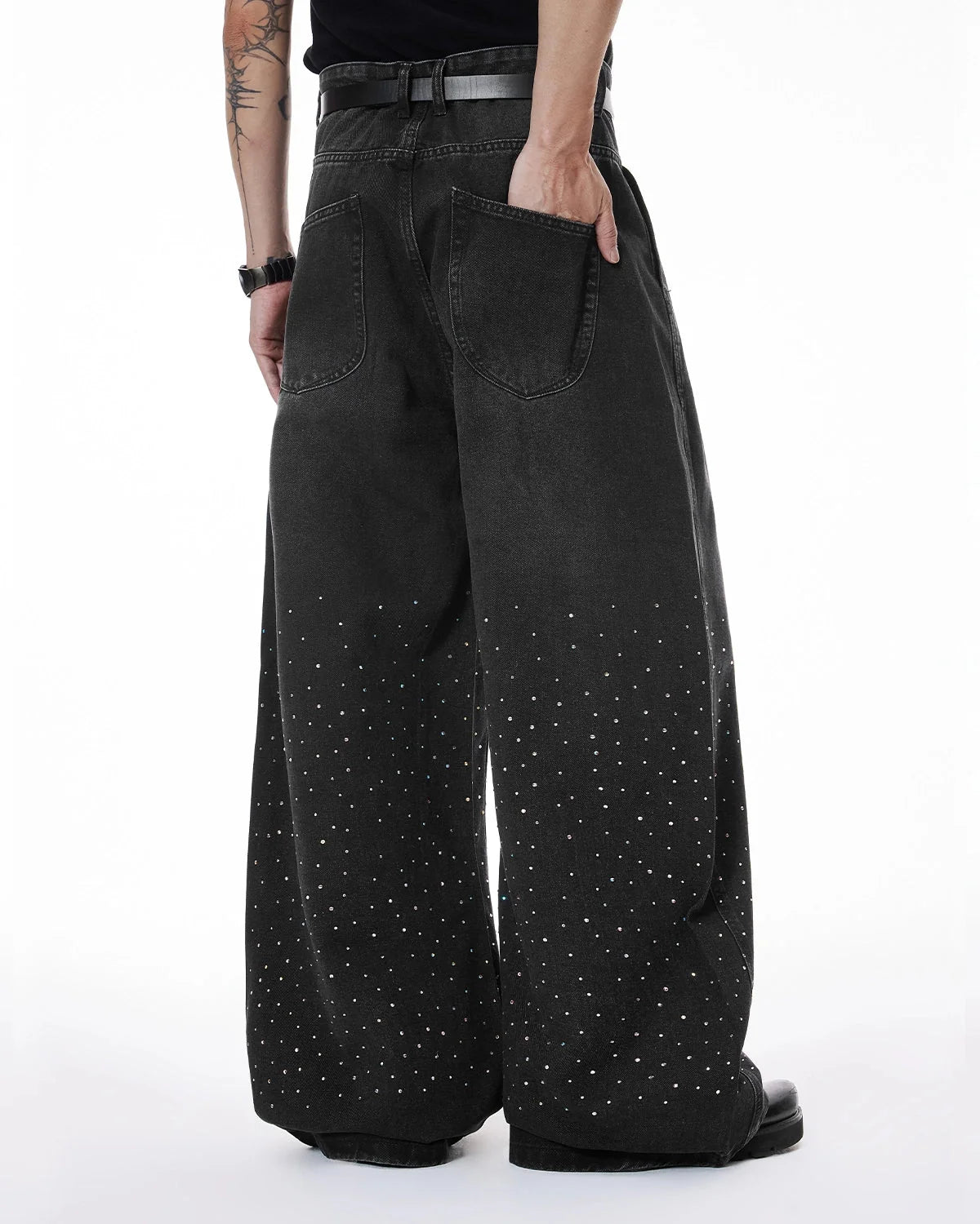 Omygoods Acid Washed Rhinestone Baggy Jeans