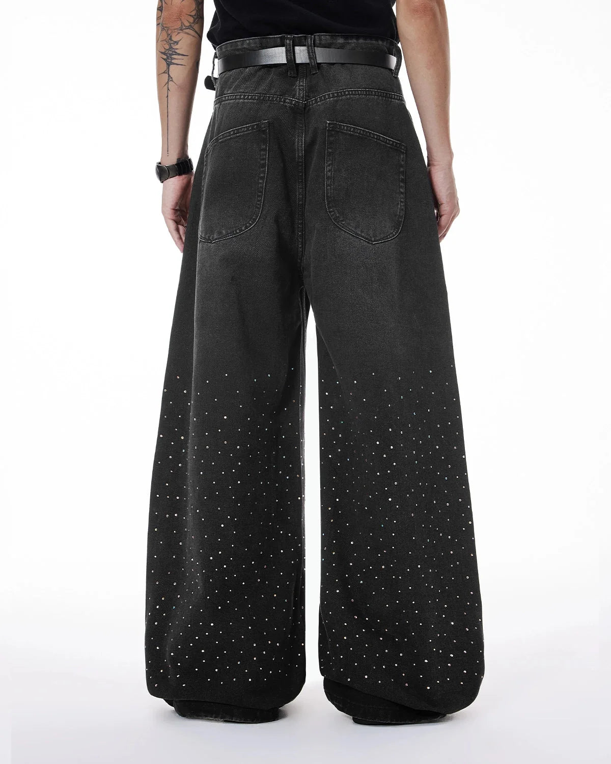 Omygoods Acid Washed Rhinestone Baggy Jeans