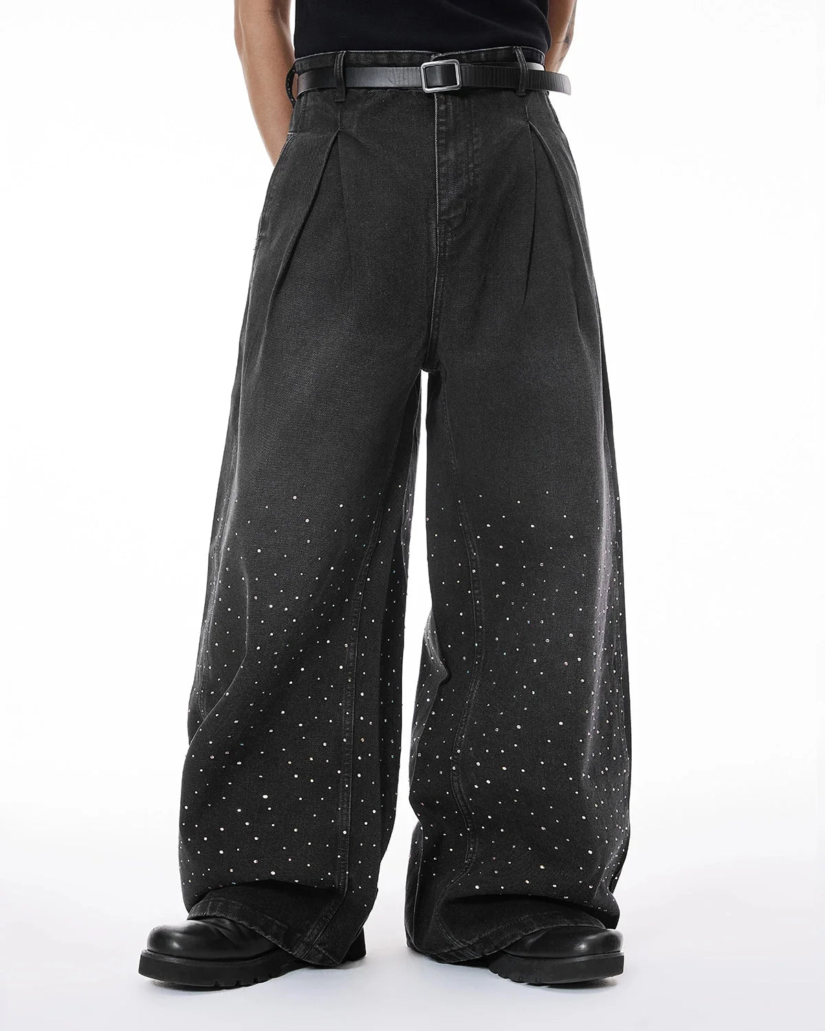 Omygoods Acid Washed Rhinestone Baggy Jeans