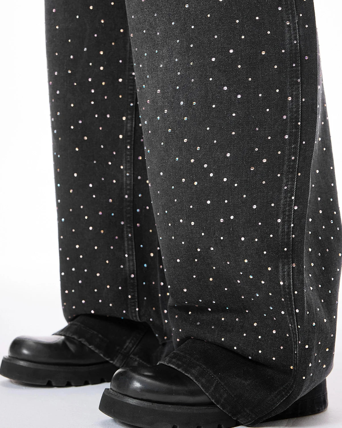 Omygoods Acid Washed Rhinestone Baggy Jeans