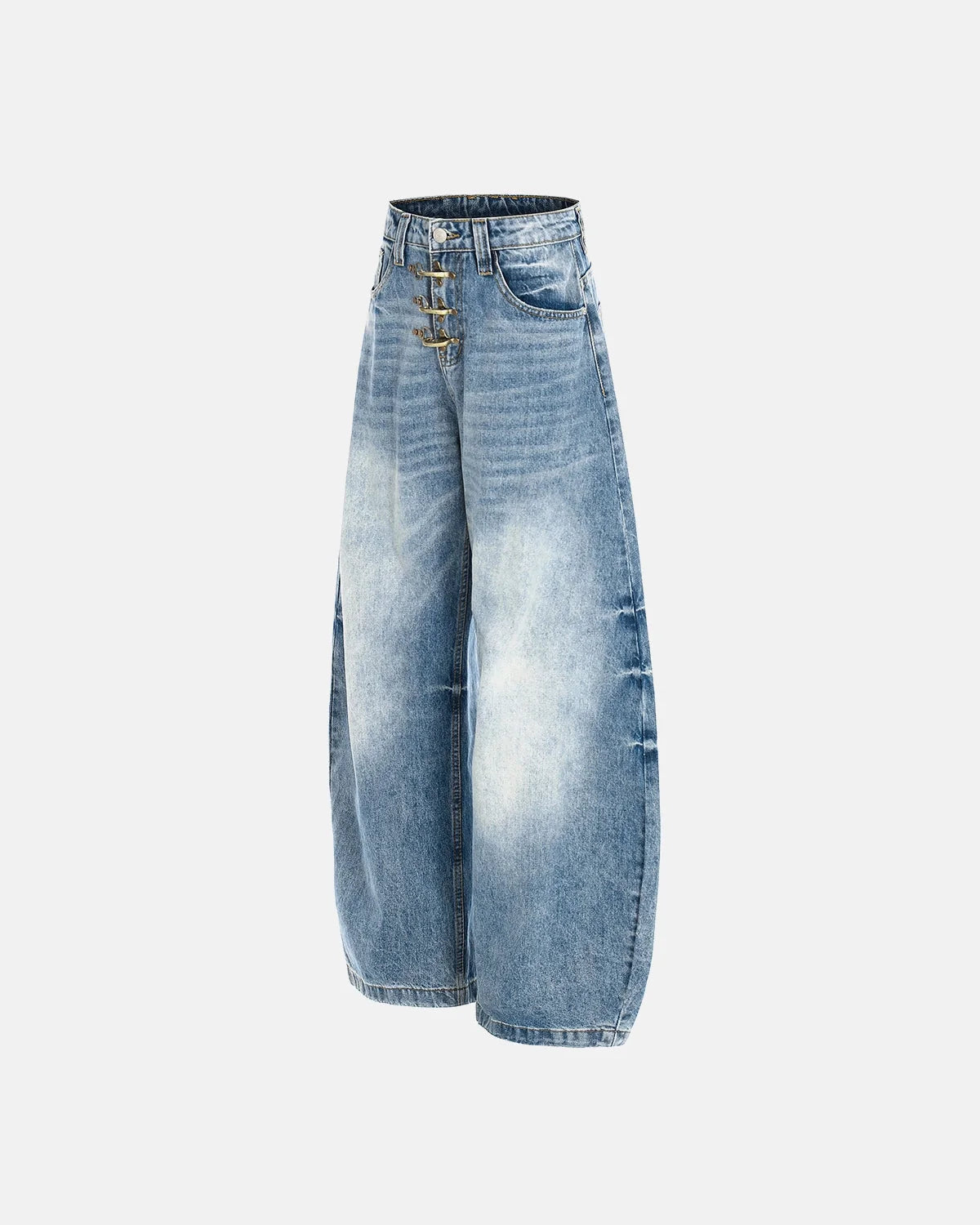 Omygoods Acid Washed Whisker Clasp Barrel Jeans