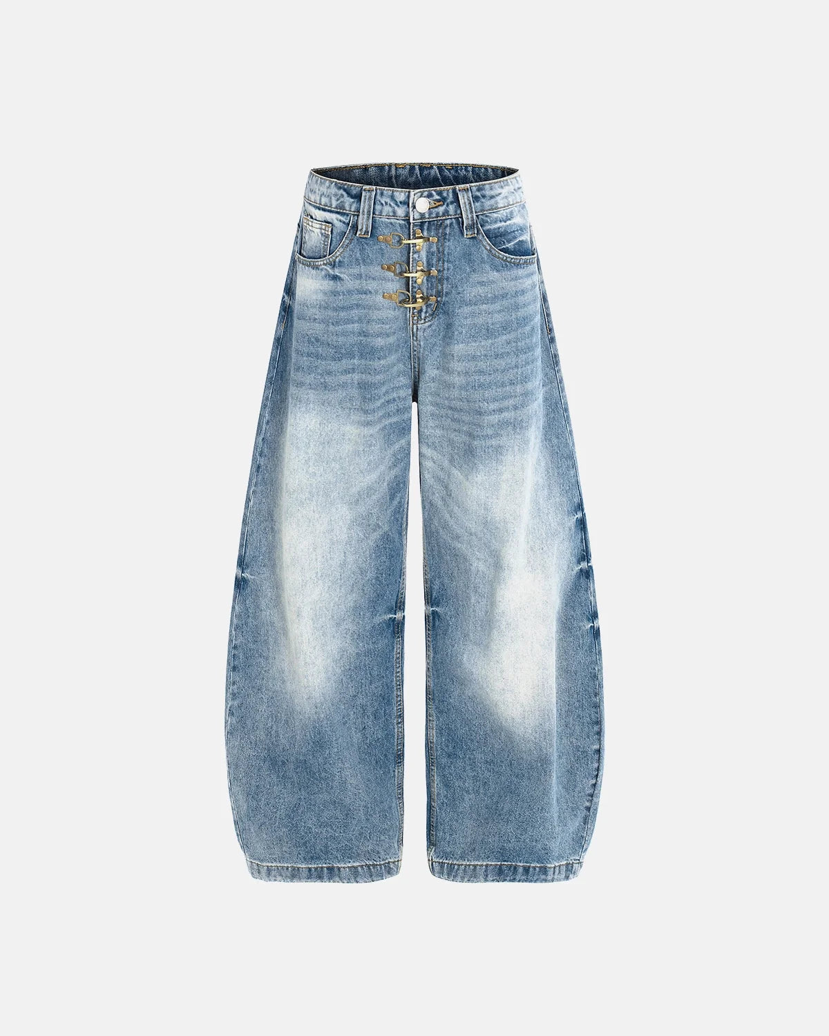 Omygoods Acid Washed Whisker Clasp Barrel Jeans