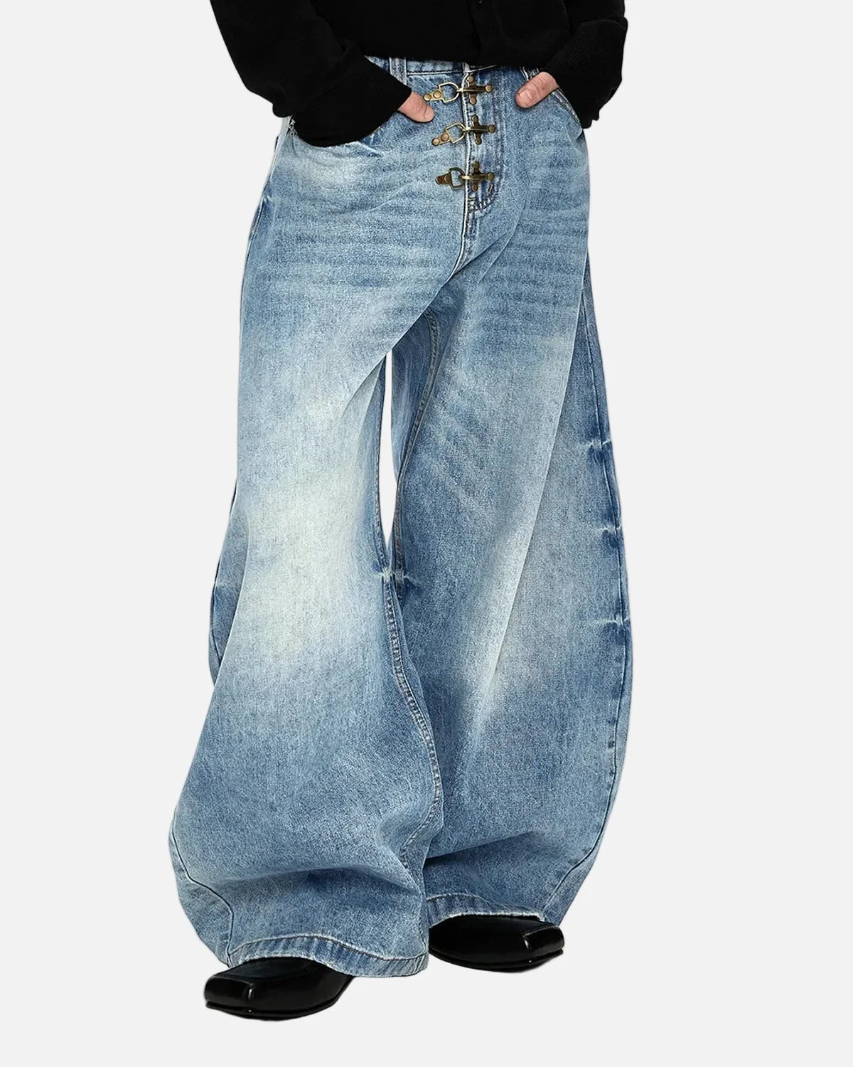 Omygoods Acid Washed Whisker Clasp Barrel Jeans