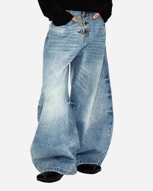 Omygoods Acid Washed Whisker Clasp Barrel Jeans