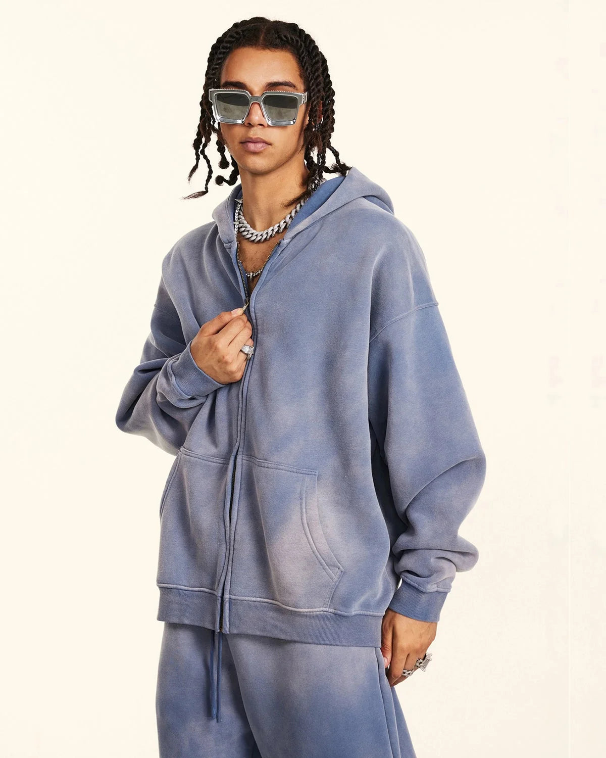 Omygoods Street Fit Acid Washed Zip Up Hoodie