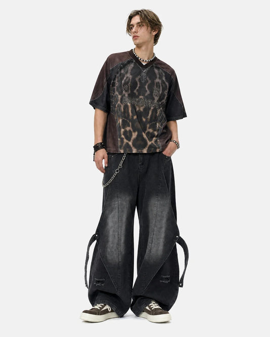 Omygoods Adjustable Strap Washed Straight-Leg Jeans