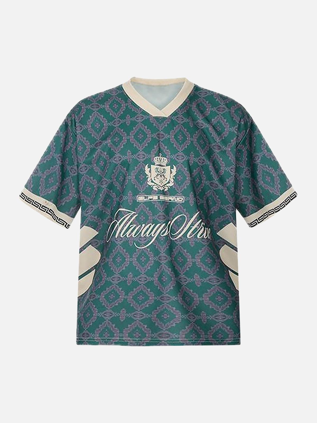 Omygoods Always Strive Green Patterned Jersey V-Neck T-Shirt