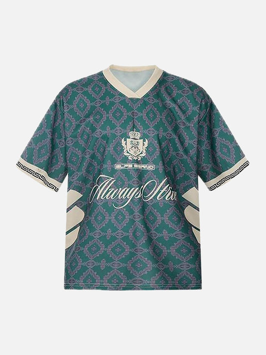Omygoods Always Strive Green Patterned Jersey V-Neck T-Shirt