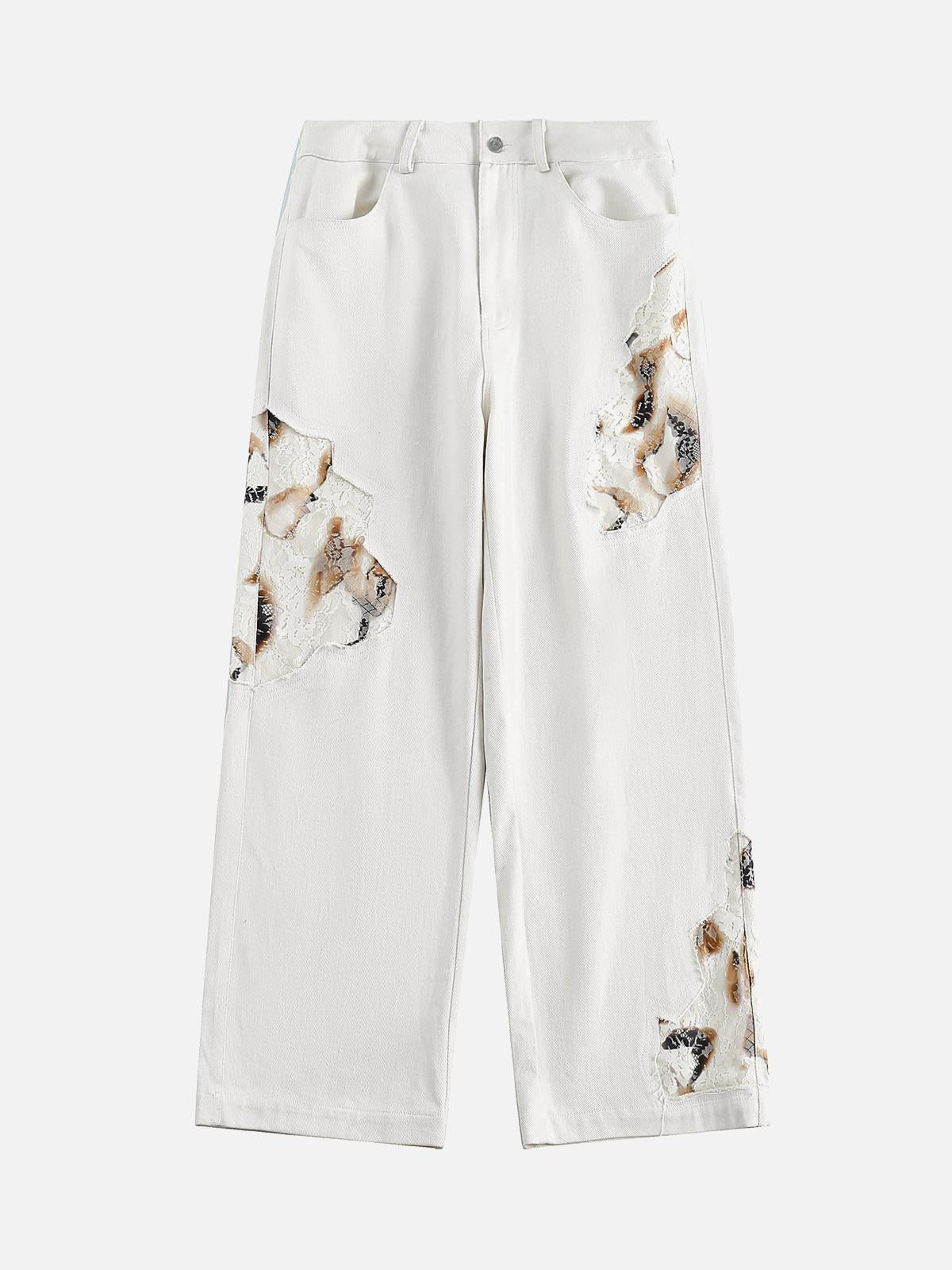 Omygoods American Retro Lace Patchwork Jeans