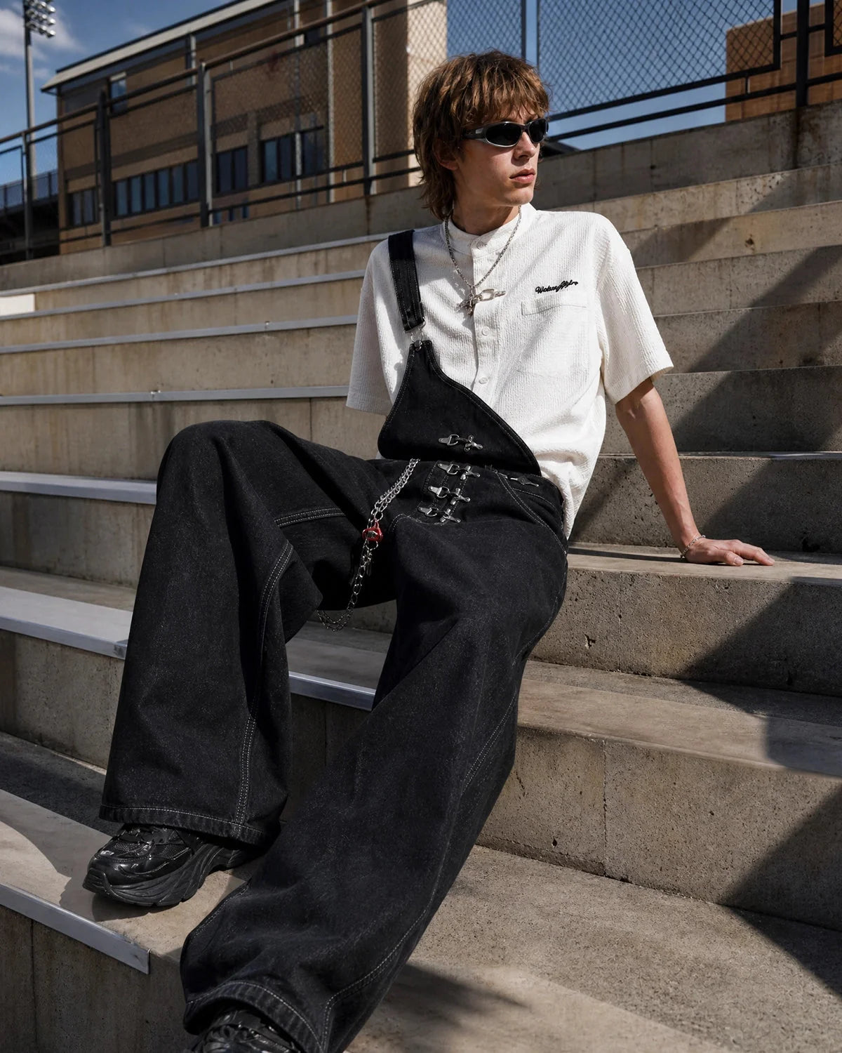 Omygoods Asymmetric Buckle Denim Overalls Jeans
