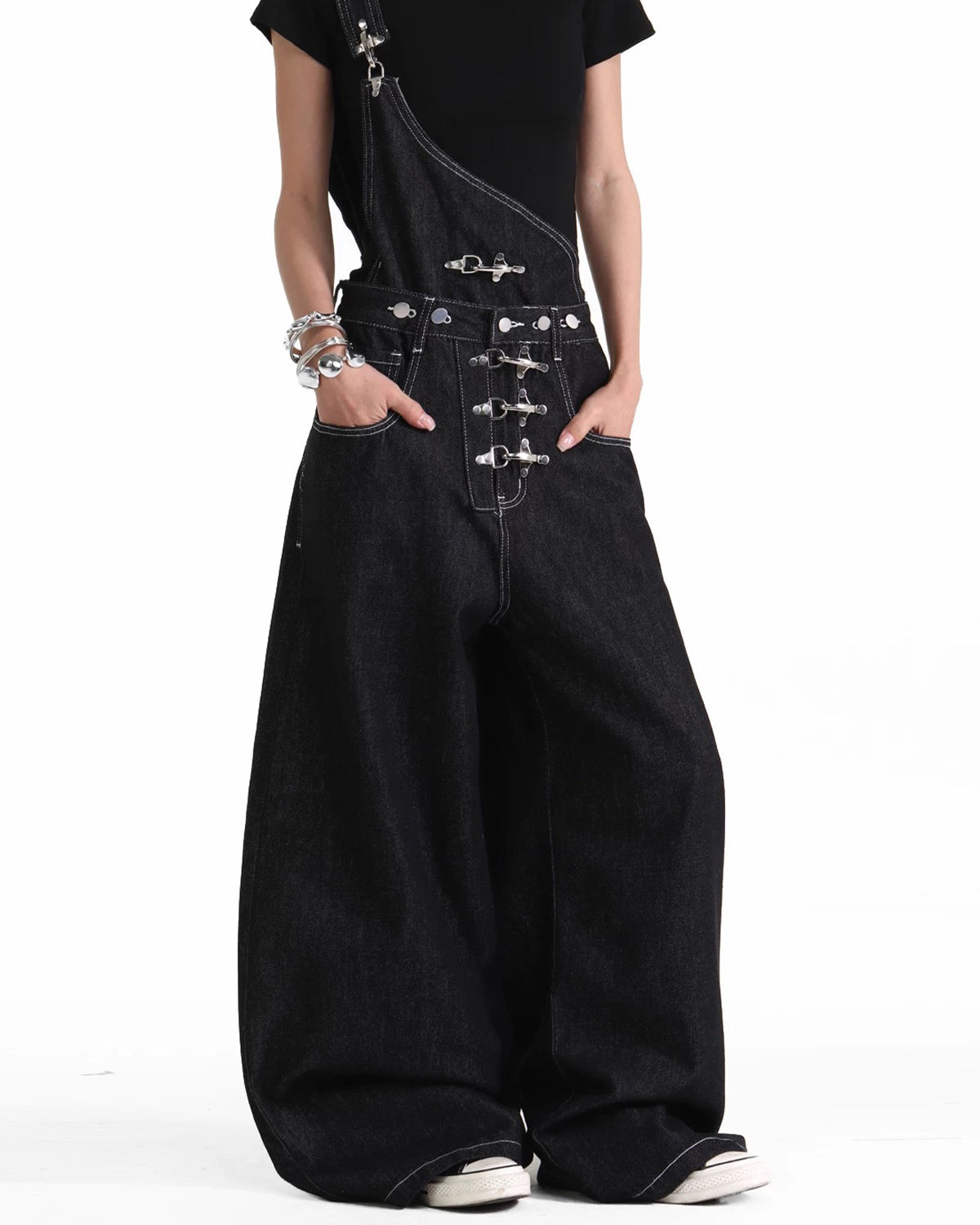 Omygoods Asymmetric Buckle Denim Overalls Jeans