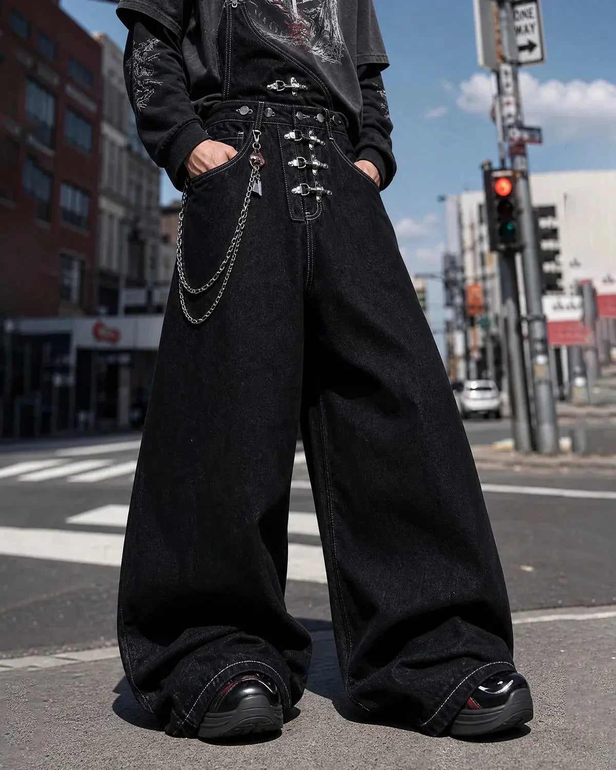 Omygoods Asymmetric Buckle Denim Overalls Jeans