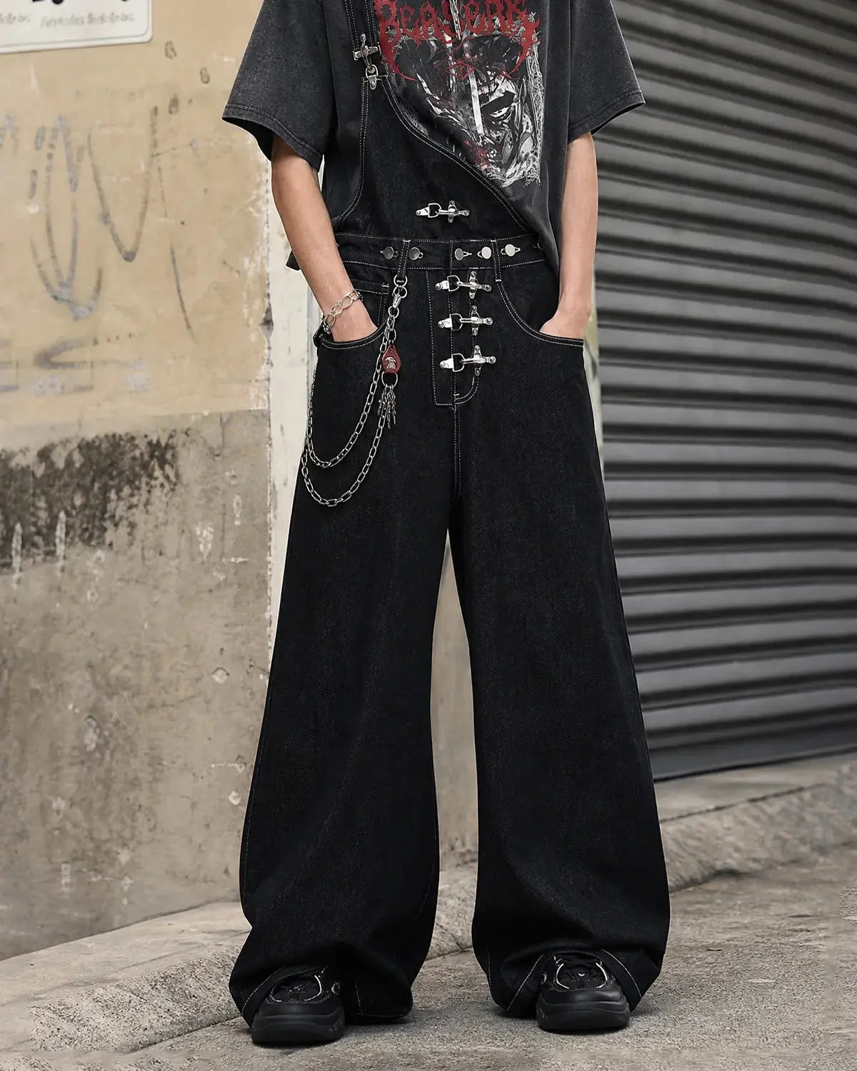 Omygoods Asymmetric Buckle Denim Overalls Jeans