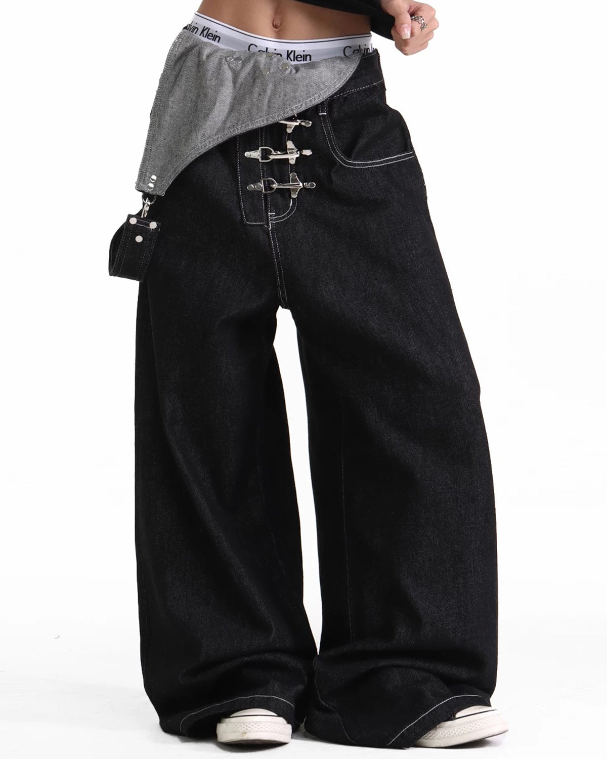 Omygoods Asymmetric Buckle Denim Overalls Jeans