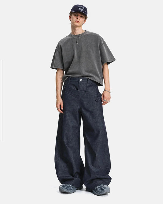Omygoods Asymmetric Wrap Waist Baggy Jeans