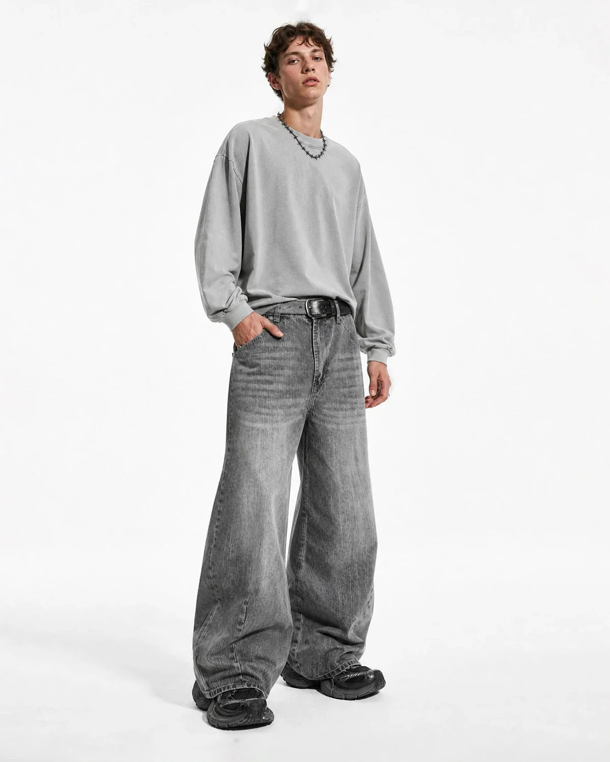 Omygoods Gray Bamboo Weave Barrel Jeans