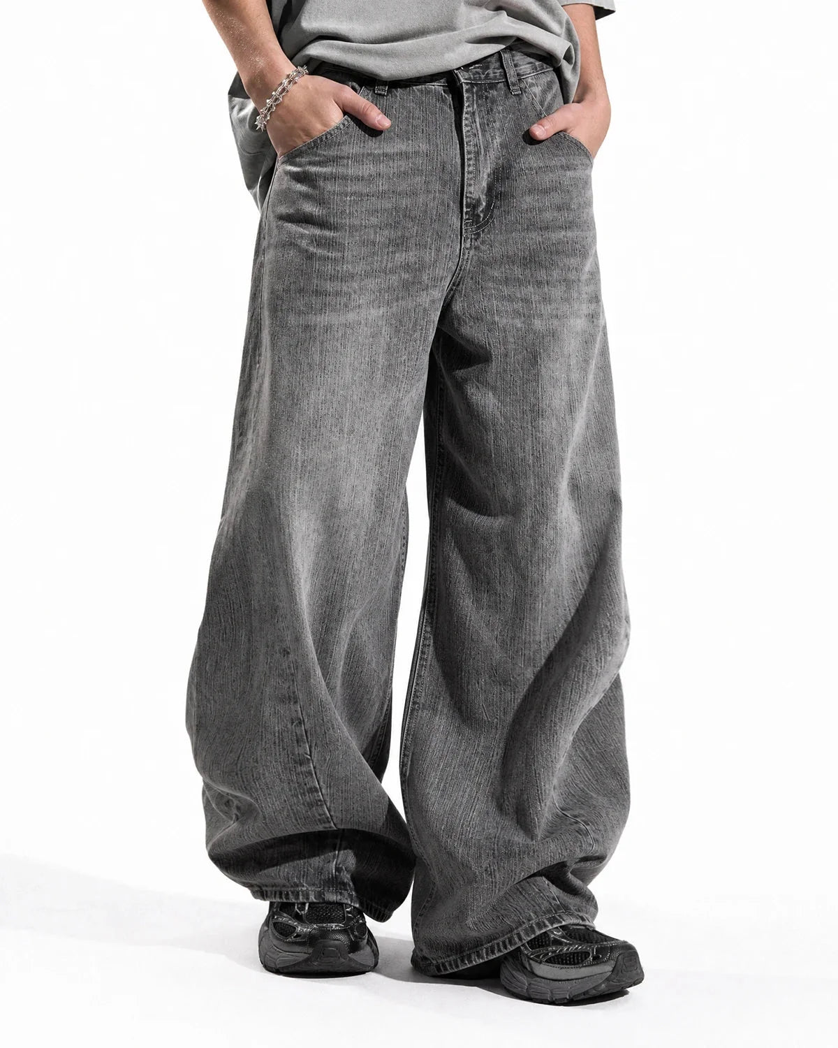 Omygoods Gray Bamboo Weave Barrel Jeans
