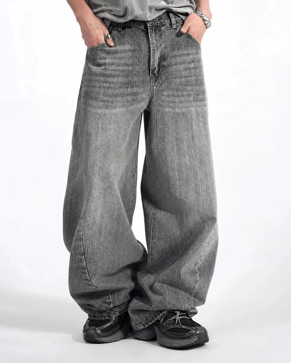 Omygoods Gray Bamboo Weave Barrel Jeans