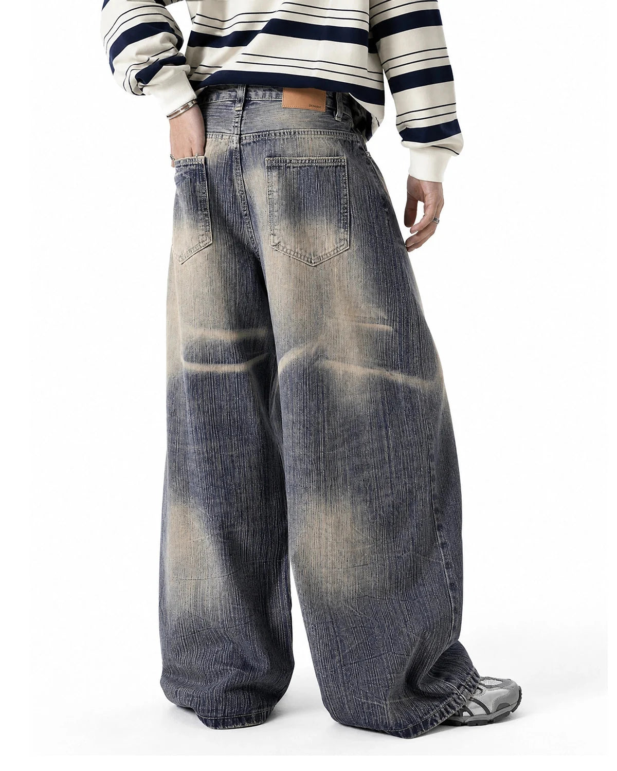 Omygoods Bamboo Weave Dirty Wash Barrel Jeans