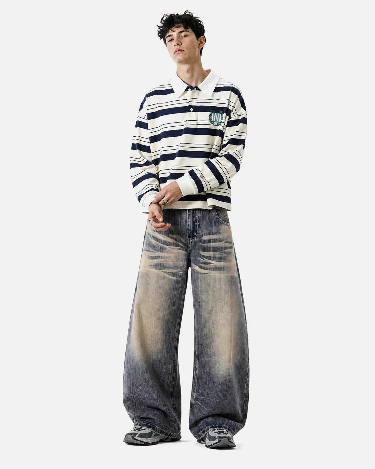 Omygoods Bamboo Weave Dirty Wash Barrel Jeans